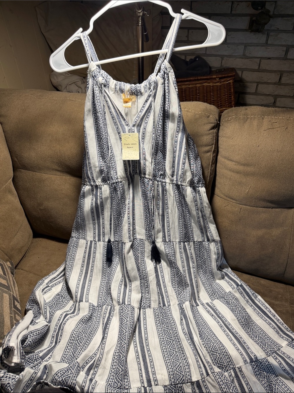 Sleeveless V-Neck Tiered Maxi Dress in Navy Stripe